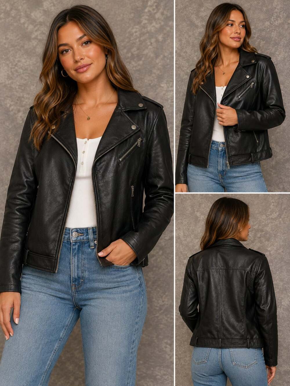Fahsye Women's Black Faux Leather Asymmetrical Moto Biker Jacket